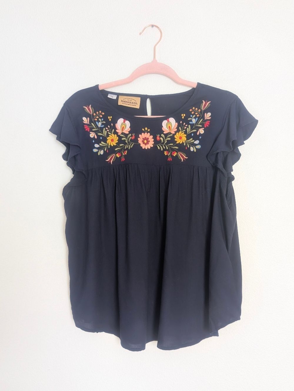 Sears Roebuck & Co Embroidered Navy Blouse Size Large Vintage